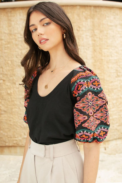 Black Puff Slv Embroidered Top