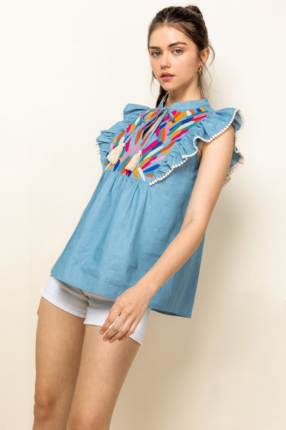Blue Embroidered Tassel Tie Ruffle Top