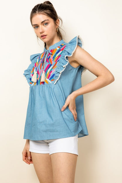 Blue Embroidered Tassel Tie Ruffle Top