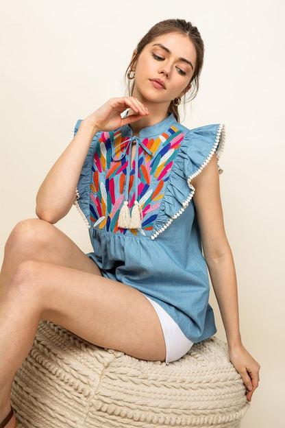Blue Embroidered Tassel Tie Ruffle Top