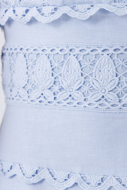 Powder Blue Plunging Lace Trim Mini Dress