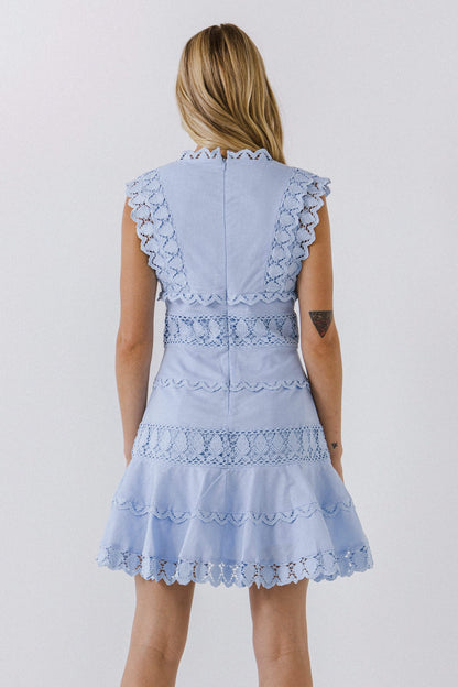 Powder Blue Plunging Lace Trim Mini Dress