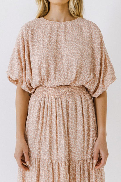 Pink Floral Textured Puff Slv Crop Top