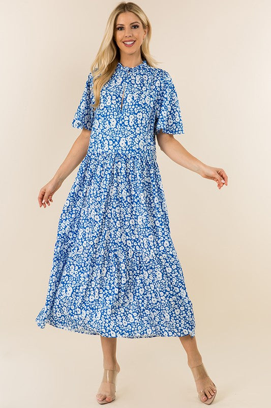 Blue/White Printed Open Neck Maxi Dress