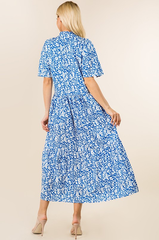 Blue/White Printed Open Neck Maxi Dress