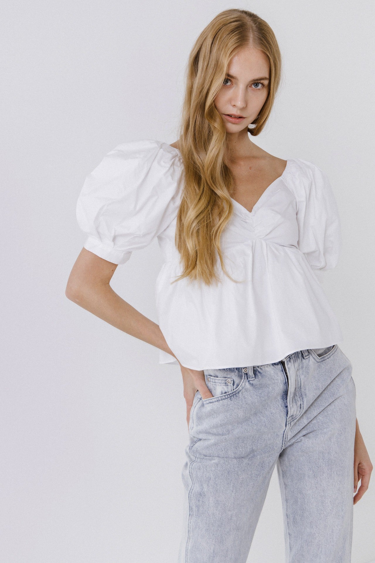 White S/S Puff Slv Babydoll Top