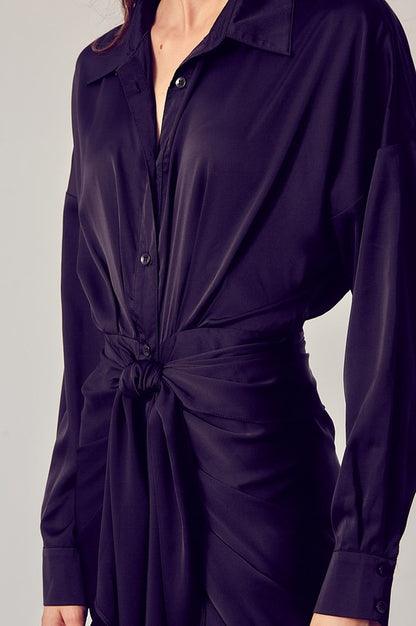 Black L/S Button Down Front Tie Dress