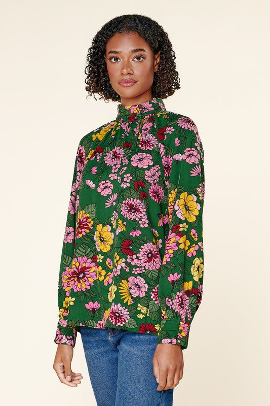 Green Floral Mock Neck Everly Blouse