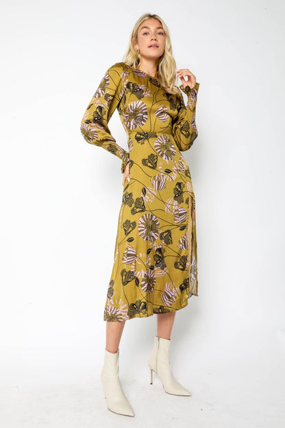 Chartreuse Floral Slit L/S Midi Dress