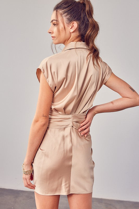 Taupe Collar Button Up Front Tie Dress