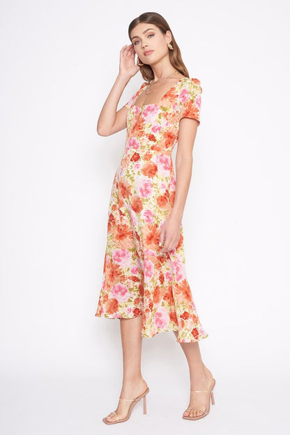 Orange/Pink Floral S/S Midi Dress