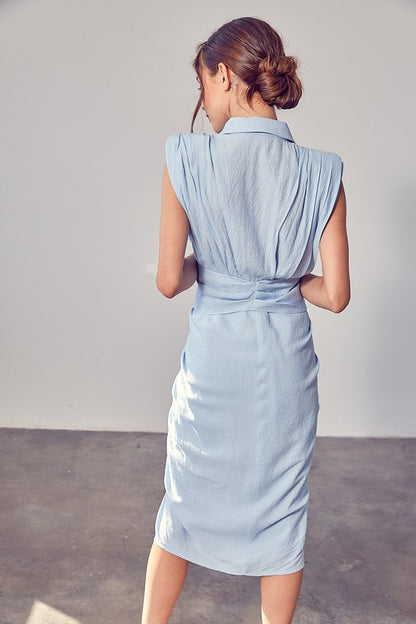 Chambray S/L Button Front Tie Dress