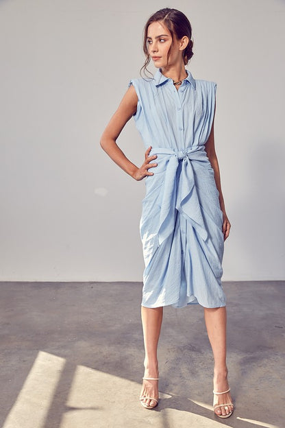 Chambray S/L Button Front Tie Dress