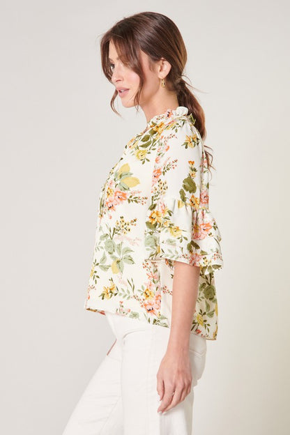 Ivory/Yellow Floral Ruffle Layer Slv Top