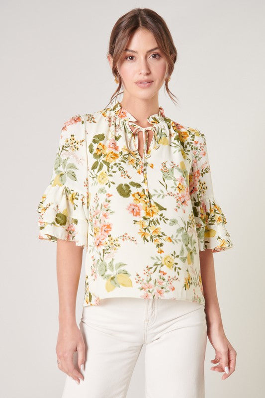 Ivory/Yellow Floral Ruffle Layer Slv Top