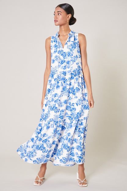 White/Blue Floral Split Neck Tiered Maxi Dress