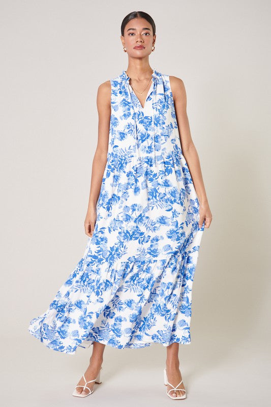 White/Blue Floral Split Neck Tiered Maxi Dress