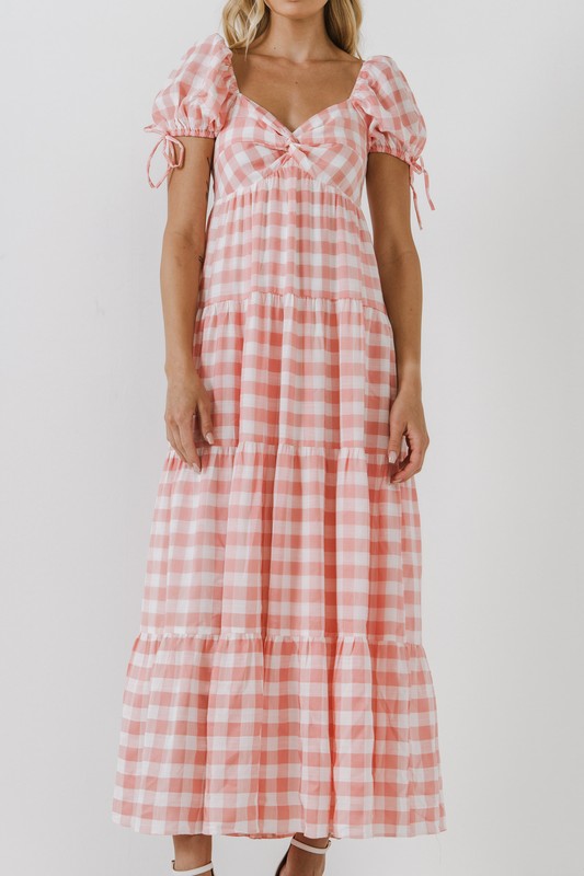 Pink Gingham Puff Slv Knotted Tiered Dress