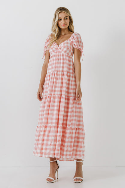 Pink Gingham Puff Slv Knotted Tiered Dress