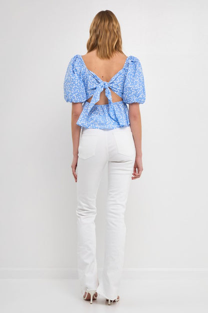 Blue/White Floral Puff Slv Tie Back Peplum Top