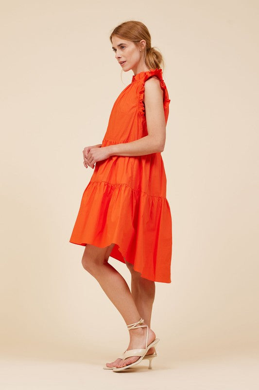 Red Orange Tiered Poplin Dress