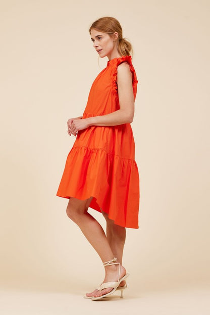 Red Orange Tiered Poplin Dress
