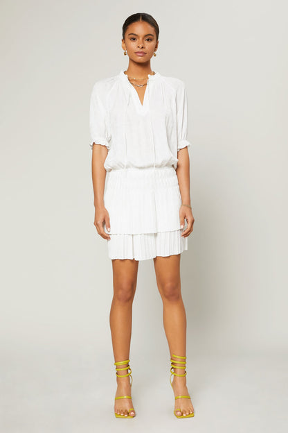 Off White Jacquard Split Neck Pleated Skirt Mini Dress