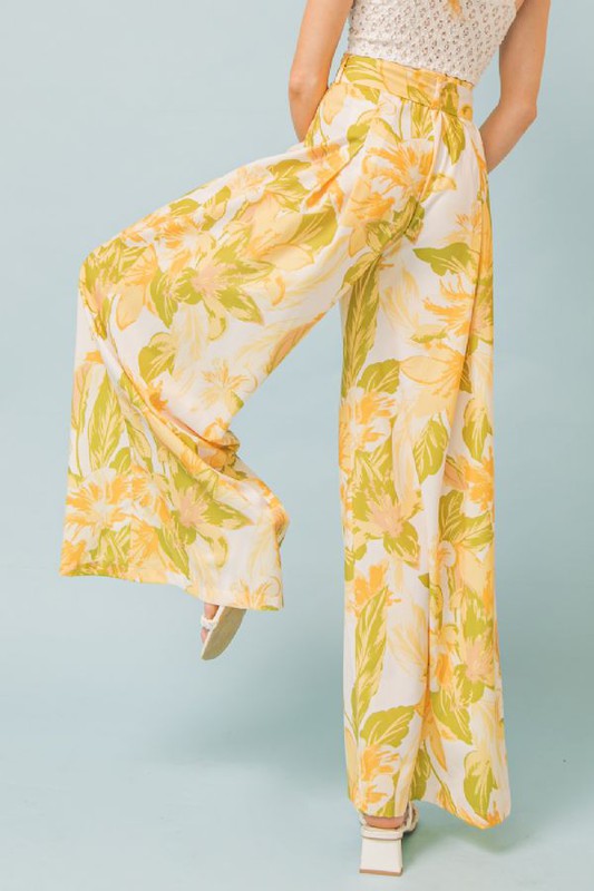Yellow Floral Pleat Front Pant