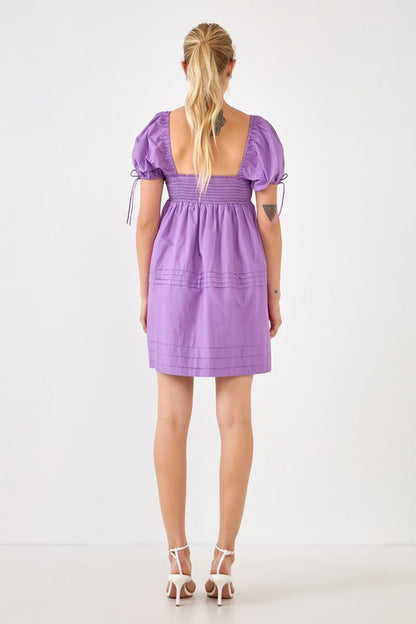 Purple Pleated Detail Puff Slv Mini Dress