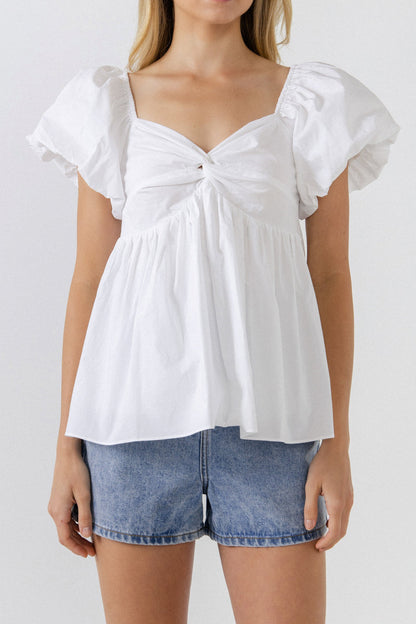 White Balloon Slv Knotted Top