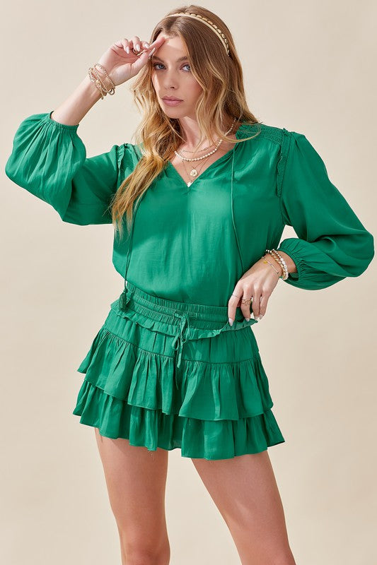Jade Tiered Satin Mini Skirt