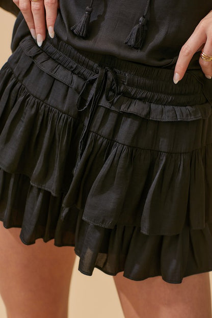 Washed Black Tiered Satin Mini Skirt