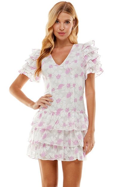 Pink/White Printed Floral S/S Tier Mini Dress