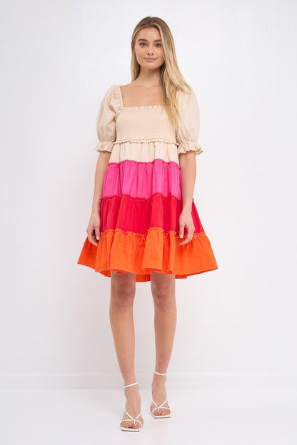 Colorblock Smocked Puff Slv Mini Dress