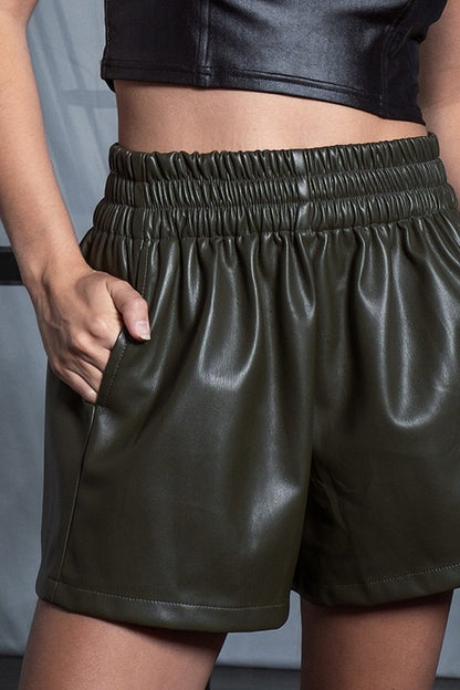 Olive High Waist Leather Shorts