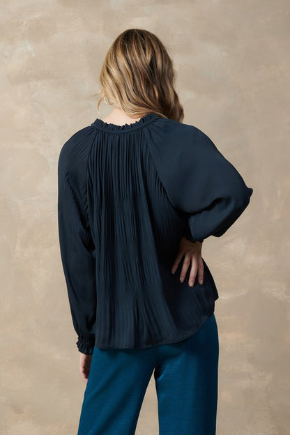 Navy L/S Ruffle Pleated Blouse