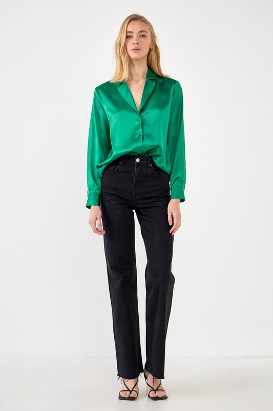 Green L/S Satin Button Up Top