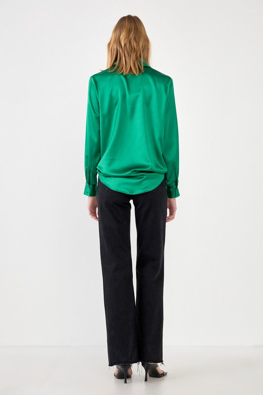 Green L/S Satin Button Up Top
