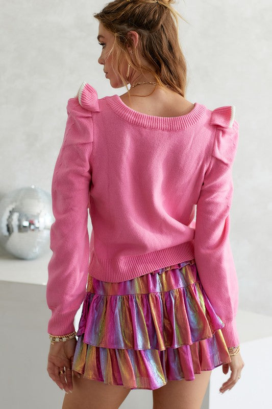 Pink/White Ruffle Detail Sweater