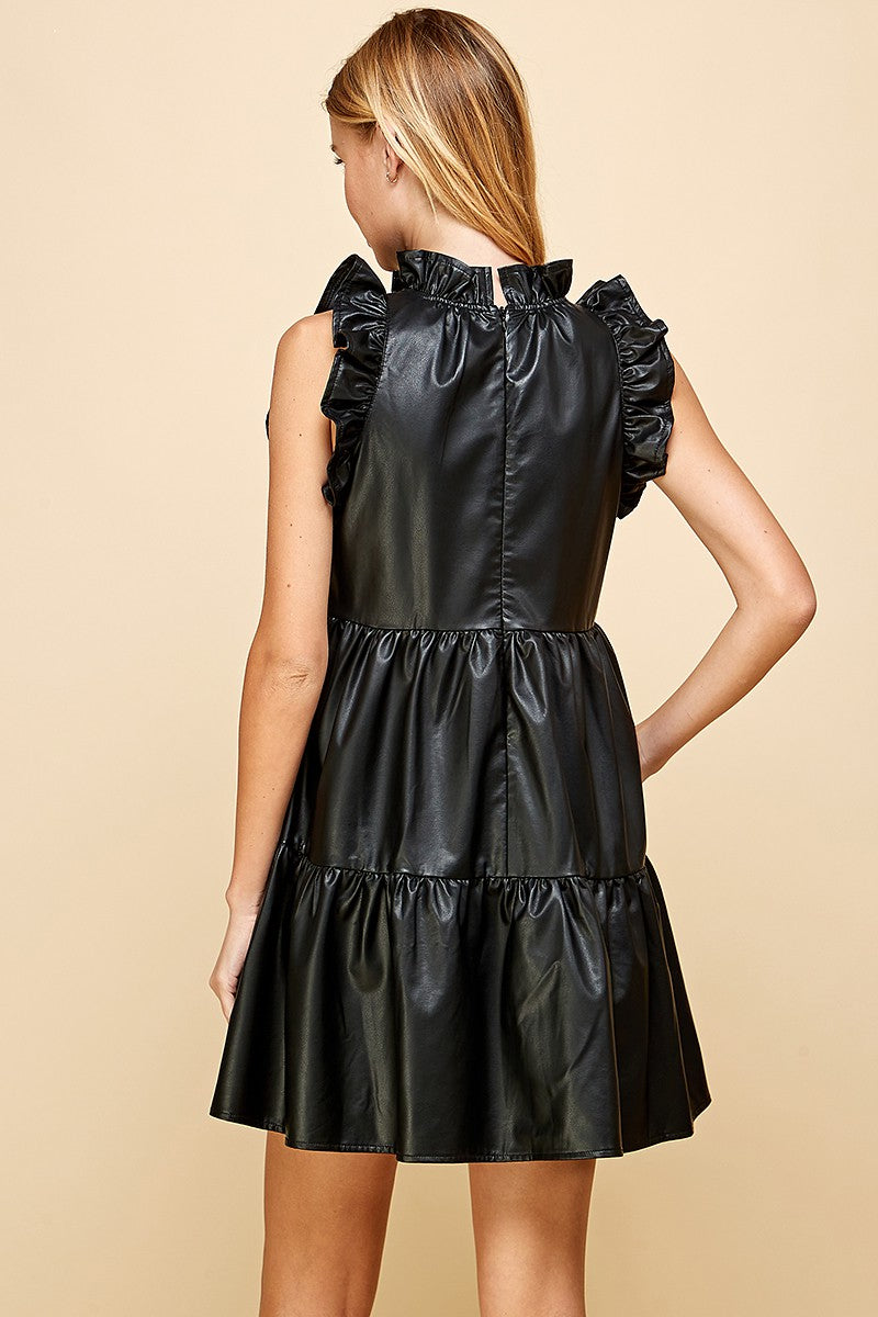 Black Faux Leather Tiered Dress
