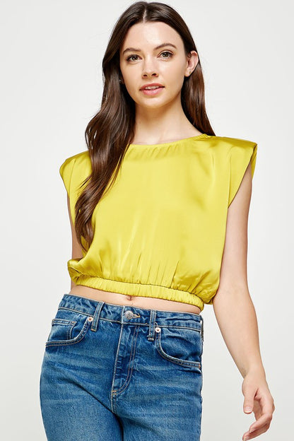 Chartreuse Satin Crop Shldr Pad Top