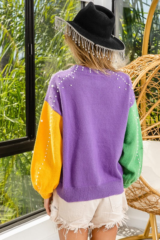 Mardi Gras Pearl Colorblock Sweater