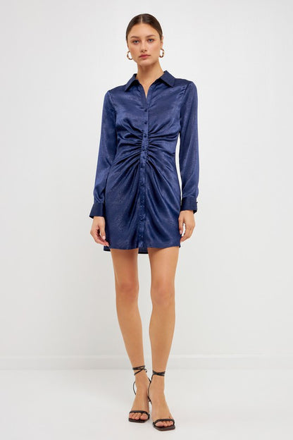 Navy Satin Front Cinched Mini Dress