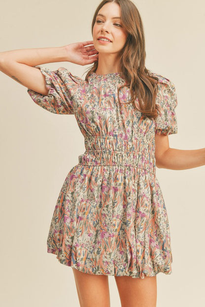 Ivory Floral Bubble Hem Mini Dress