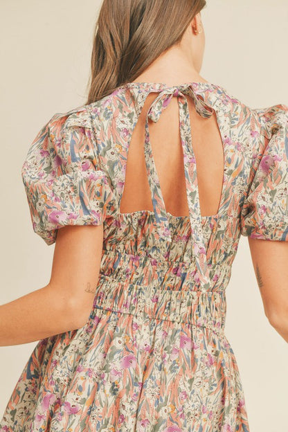 Ivory Floral Bubble Hem Mini Dress