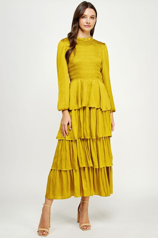 Chartreuse Smocked Satin Tiered Maxi Dress