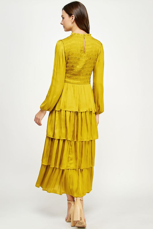 Chartreuse Smocked Satin Tiered Maxi Dress