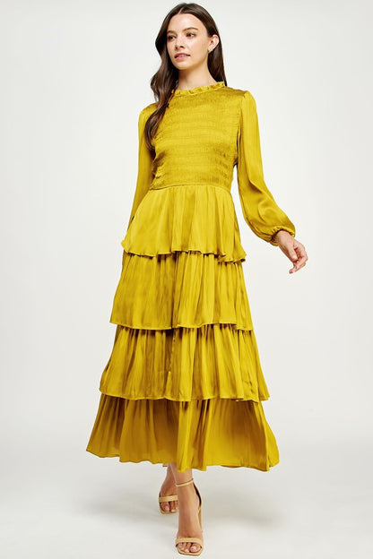 Chartreuse Smocked Satin Tiered Maxi Dress