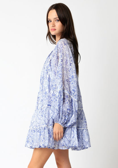 White/Blue Pattern L/S Dress