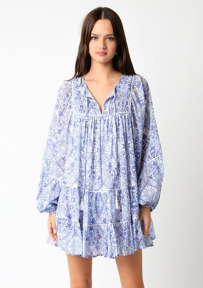 White/Blue Pattern L/S Dress
